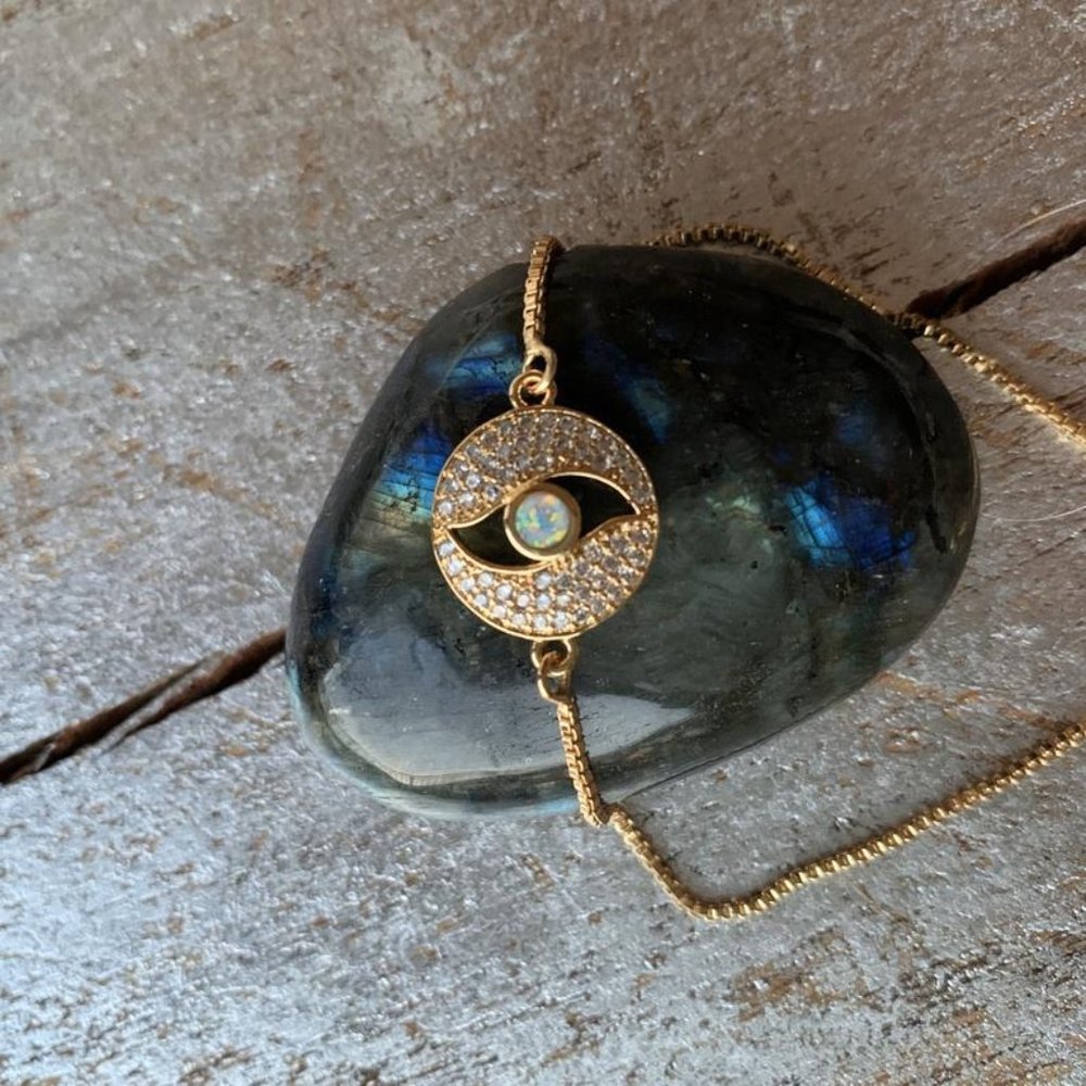 Opal Evil Eye Slider Bracelet • Gold filled charm
